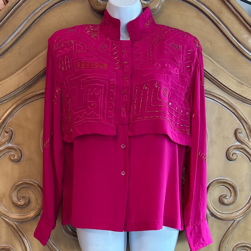 Vintage Della Roufagali Elegant Fuchsia Women's Beaded Blouse
